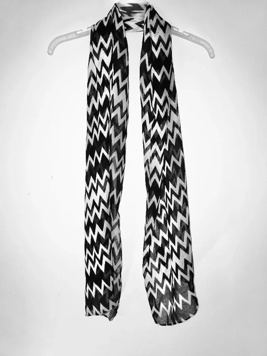 Black & White Chevron Scarf Lightweight Sheer Long Geometric Chic Zig Zag print