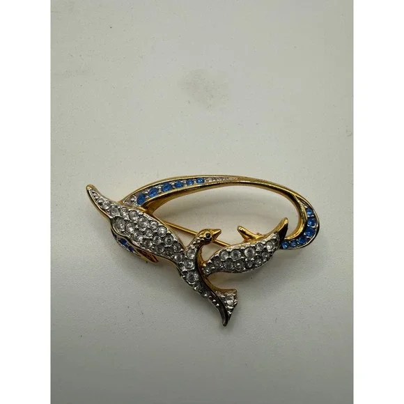 Swarovski Vintage Gold Tone Crystal Bird Brooch Blue White Pavé Swan Logo Pin‎