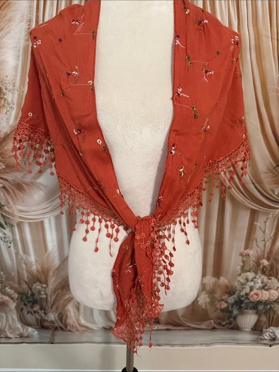 Embroidered Tassel Scarf Wrap in Rust Red