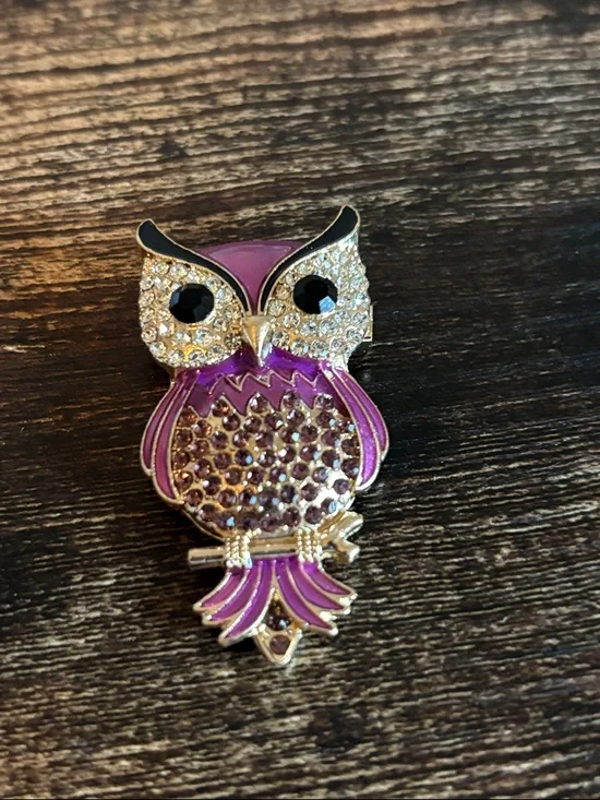 Mint Purple and‎ Clear Crystal Owl Brooch Pin