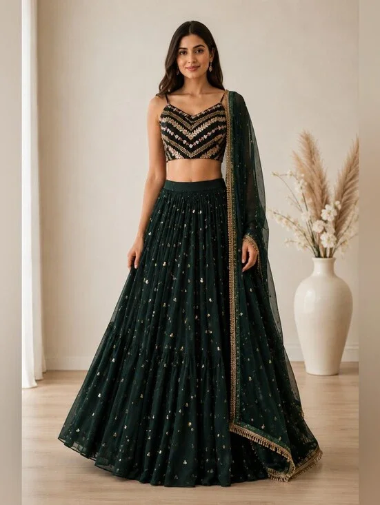 Green Embroidered Lehenga Choli Set with Dupatta | US 6