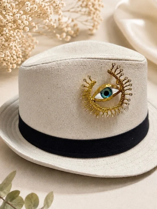 Gold Tone Blue Evil Eye Brooch Jewelry Pin Rhinestone Sunburst jacket hat dress
