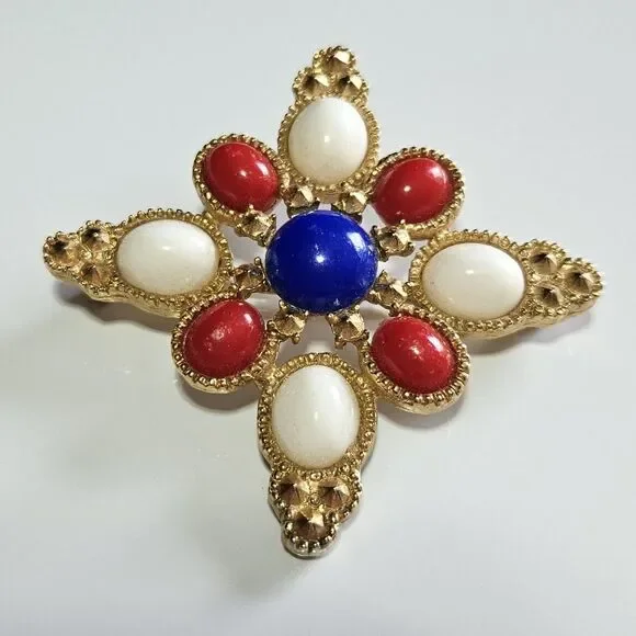 Sarah Cov by Juliana Americana Brooch Cross Red White Blue Gold Tone 2.5
