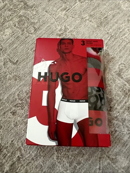 HUGO Men’s Medium Triplet Pack Trunks Boxer with red Branded Waistband. NWT’s.