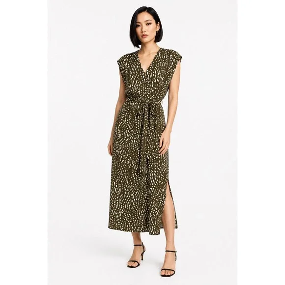 Nine Britton Mari V-Neck Midi Dress Olive Abstract Animal Print Side Slit M NEW