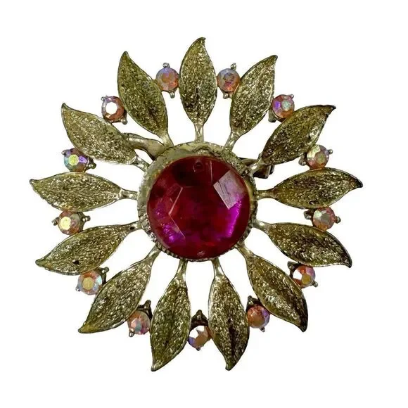 Vintage Pink Rhinestone Sunburst Brooch Gold Tone Floral Statement Pin