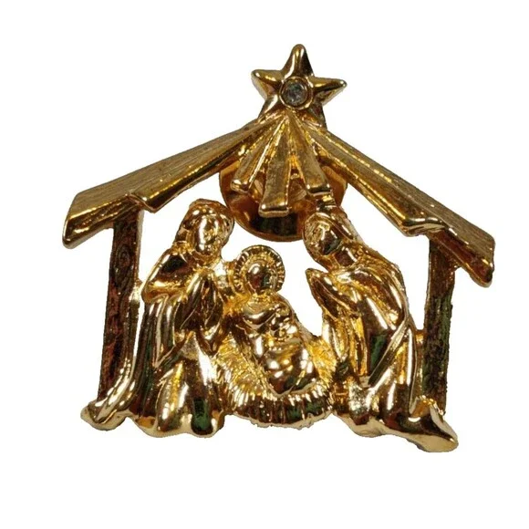 Vintage Gold Tone Rhinestone Nativity Scene Brooch Pin