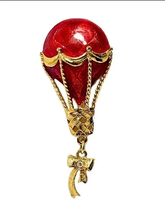 Vintage AVON Red Enamel Hot Air Balloon Brooch with Gold Accents rhinestone NEW