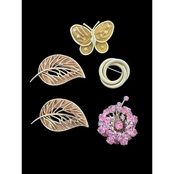 Vintage Brooches‎ Collection Leaf Butterfly Abstract Pink Rhinestone Jewelry