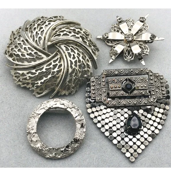 Vintage Mixed Brand Brooch Pin Lot Silver‎ Tone Metal Rhinestone Mesh Art Deco