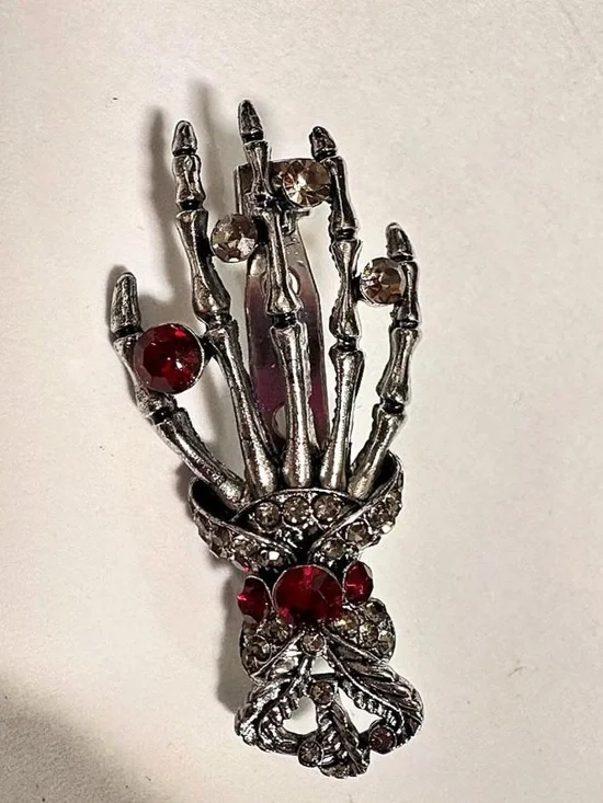 Silver tone Skeleton Hand Brooch with Red and Clear rhinestones
