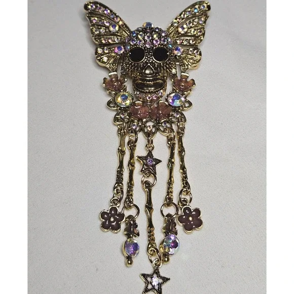 Skull Butterfly Brooch Womens Gold AB Rhinestone Gothic Dangle Pin