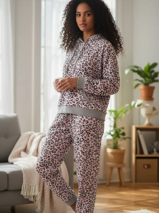 CUDDL‎ DUDS | Cozy Pink Leopard Fleece 2pc Hoodie Jogger Pajama Lounge Set | XL