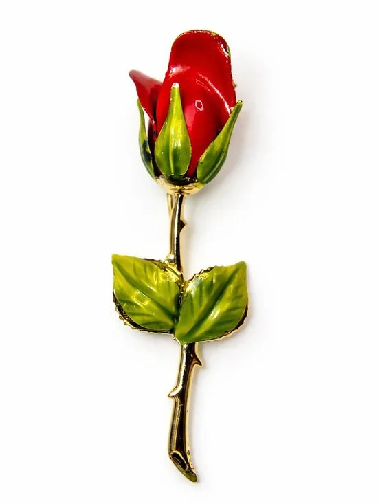 Red Enamel Rose Brooch Gold Tone Stem Green Leaves Floral Pin Vintage‎ Style