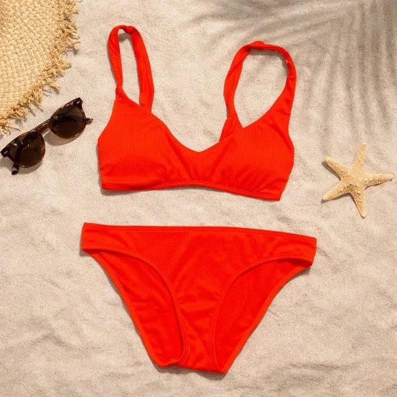 Hollister Bikini Swimsuit Women Small Orange Ribbed Tie Back Beach Swim Vacation