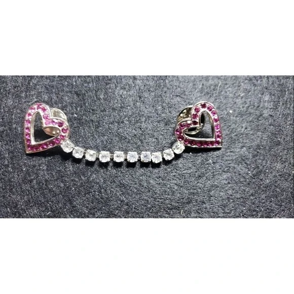Vintage Silver Heart Sweater‎ Clip Brooch - Pink/White Rhinestones Chain