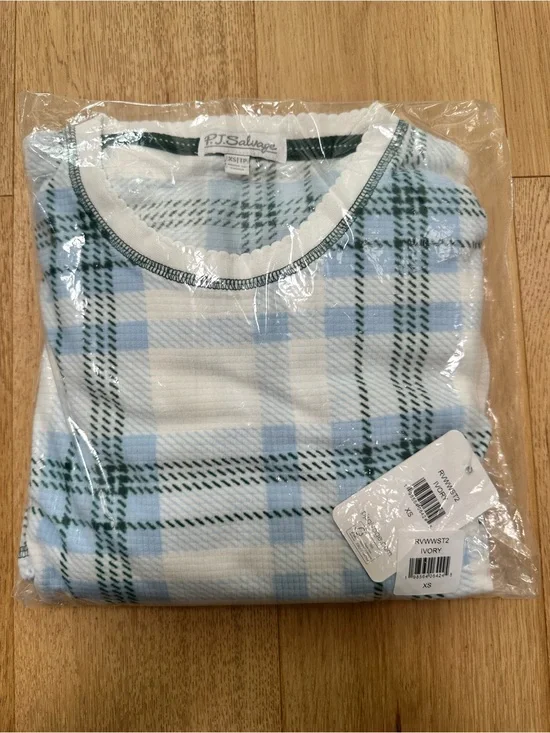 NWT P.J. Salvage Waffle Knit Plaid Pajama Set XS Ivory Blue Cozy Sleepwear