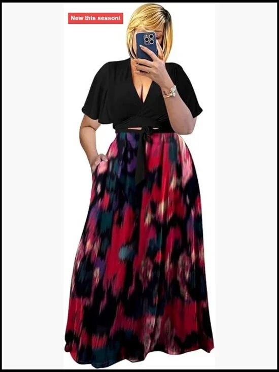 Plus Size 2 Piece Wrap Crop Top Maxi Skirt Set Flowy