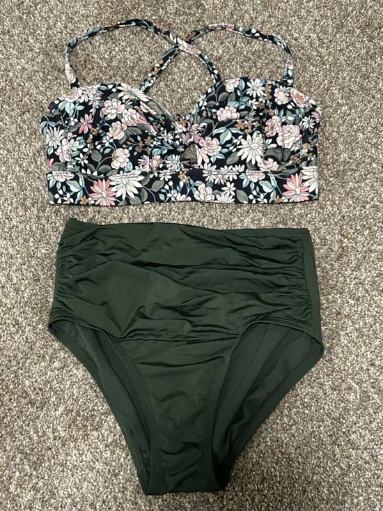 Kona Sol Bikini Set Floral Top Green High Waisted Bottom Small XS