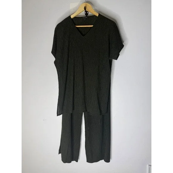 Eileen Fisher green Crinkle Textured Tunic Top and Wide Leg Pant set xs/s