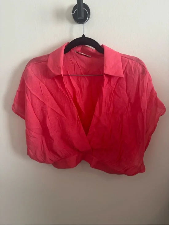 HYFVE Coral Two Piece Linen Blend Look Set Crop Top Wide Leg Pants Medium NWOT