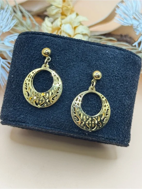 Gold Tone Filigree Circle Dangle Earrings Openwork Round Drop Earrings