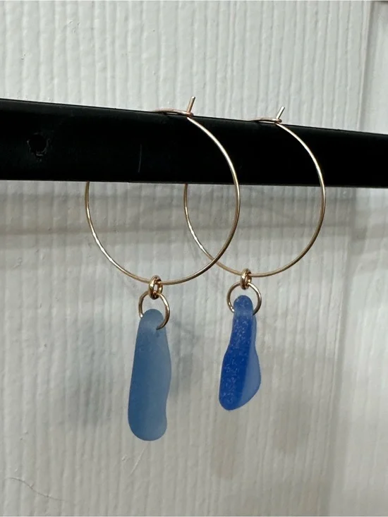 14k Gold-Filled Earrings Hoops Blue Seaglass Beachy Handmade 2” NWOT