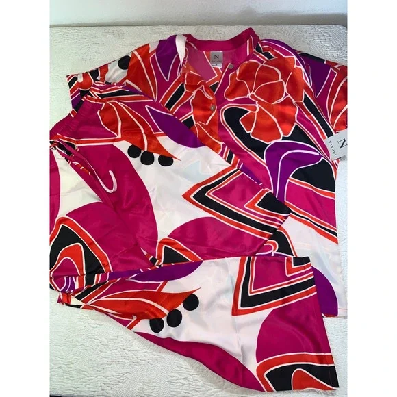 Natori Womens Pajama Set Pink Orange Abstract Floral Satin Button Top Pants S