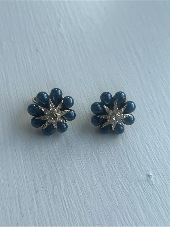 Navy Petal Cluster Earrings with Crystal Star Centers Vintage Mid-Century