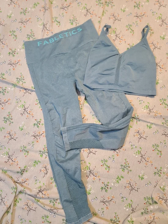 Fabletics Dusty Teal Seamless Legging and Bralette Set