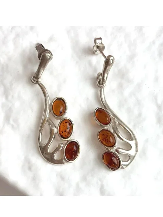 Natural Baltic Amber Accented Modernist Sterling Silver Classic 925 Earrings