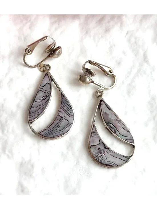 Abalone Inlaid Teardrop Clip On Alpaca Silver Plated Drop Southwest Earrings