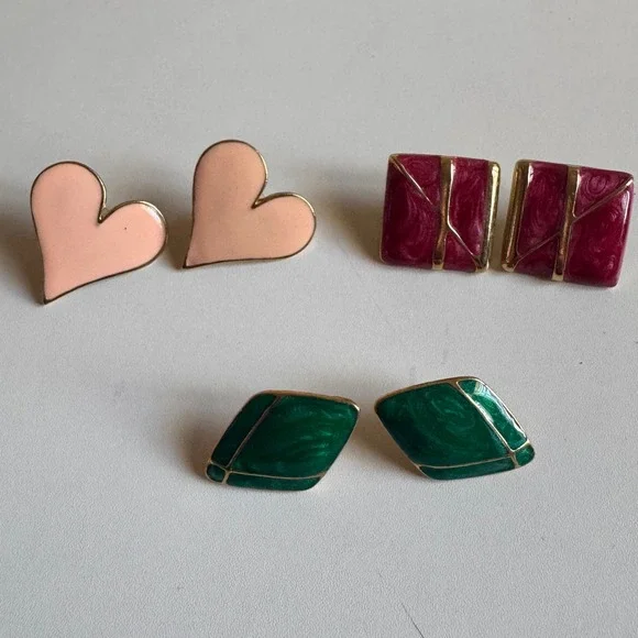 Vintage Enamel Stud Earring Set 3 Pairs Heart Square Diamond Gold Tone Multi