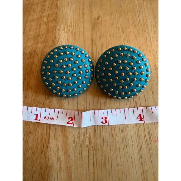 Vintage Turquoise Leather Gold Studded Button Earrings Oversized Statement Studs