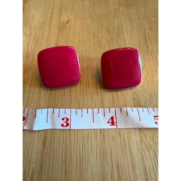 Vintage 80s Hot Pink Enamel Square Stud Earrings Bold Retro Statement Jewelry