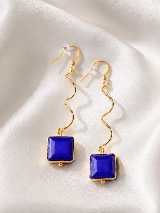 Gold-Tone Wavy Drop Earrings with Royal Blue Square Stones