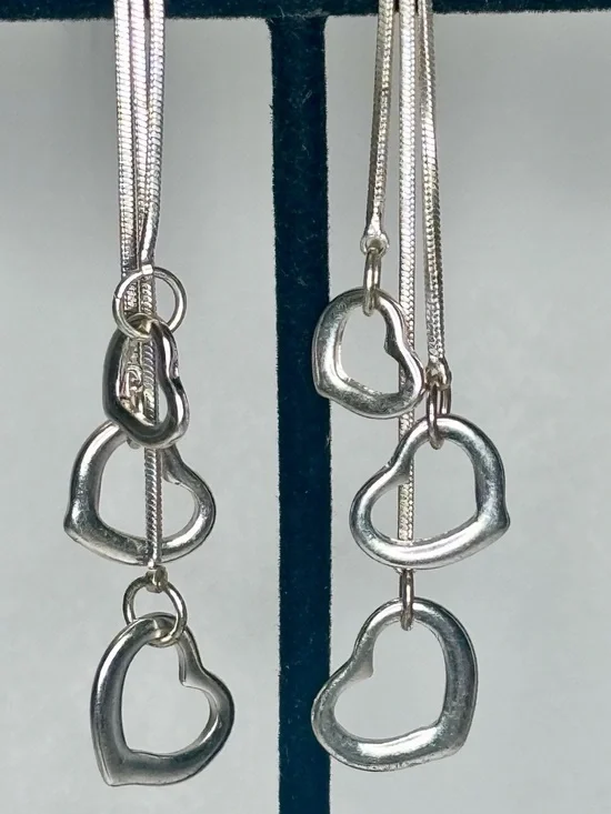 Y2K Silver Toned Cascading Open Heart Snake Chain Dangle Drop Earrings