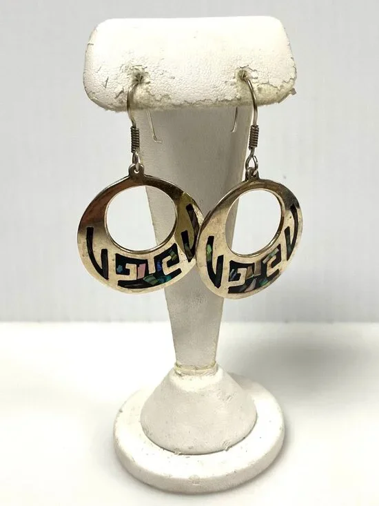 m945 Vintage Sterling Silver Mexican Modernist Dangle Hoop Earrings Abalone Shel
