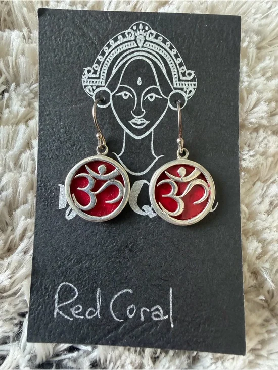 Red Coral Om Symbol Drop Earrings