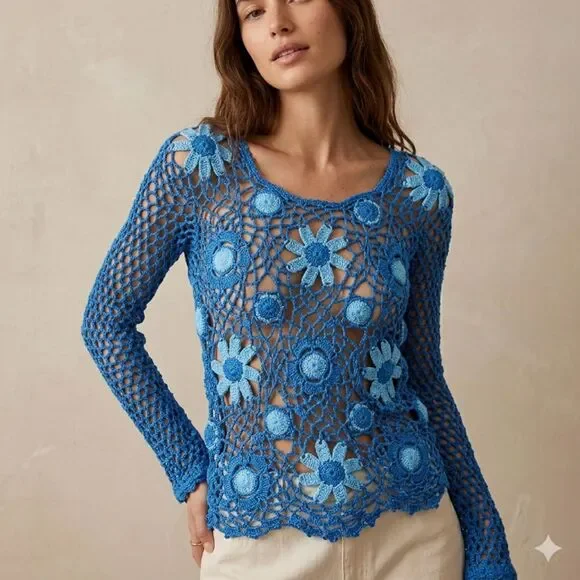 Hand Crocheted Top Floral Mesh Open Knit Long Sleeve Boho Blue Beach Women Small