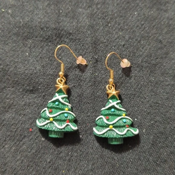 Gold Tone Green Christmas Tree Holiday Resin Dangle Statement Earrings
