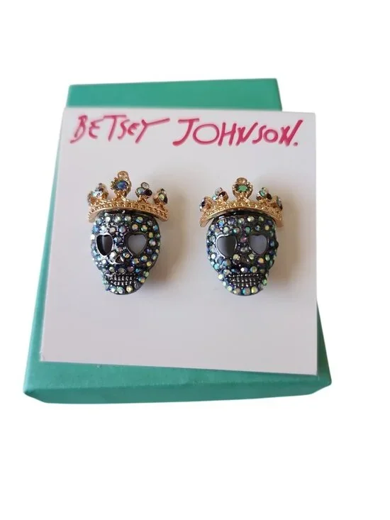 Betsey Johnson Skull & Crown Blue Rhinestone Pave  Earrings NIB