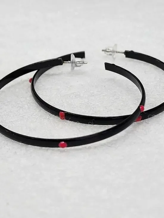 Pink Dotted Black Hoop Earrings