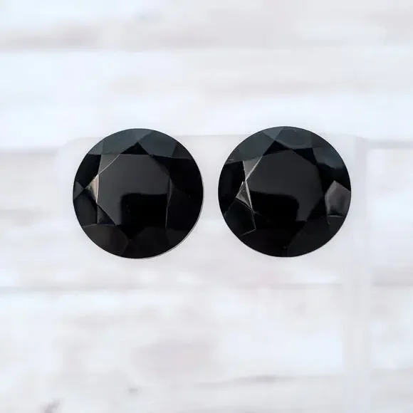 Vintage Clip On Earrings Black Glass? Faceted Circle Large 15/16