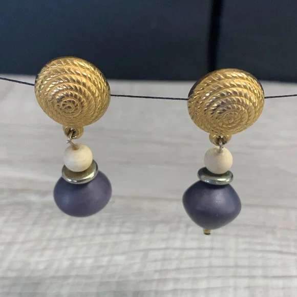 Vintage Gold Tone Spiral Stud Purple Cream Bead Drop Earrings Post Back Boho