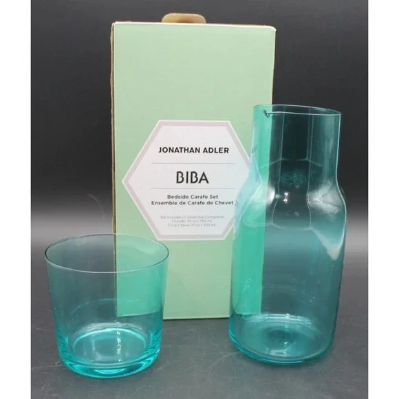 Jonathan Adler Biba Bedside Carafe Set Carafe Cup Blue Glass NEW IN BOX