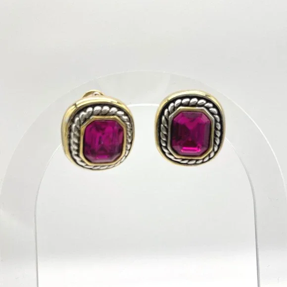 Magenta Crystal Mixed Metal Rope Border‎ Clip On Statement Earrings Two Tone