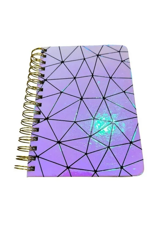 Holographic Geometric Spiral Journal Notebook Pink Yellow Pen&Gear