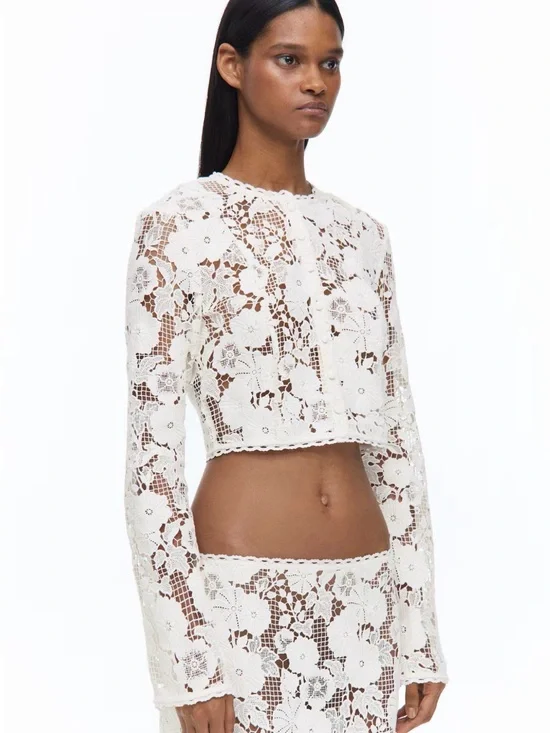 Livia Nunes & H&M collab White Floral Crochet Long Sleeve Crop Top