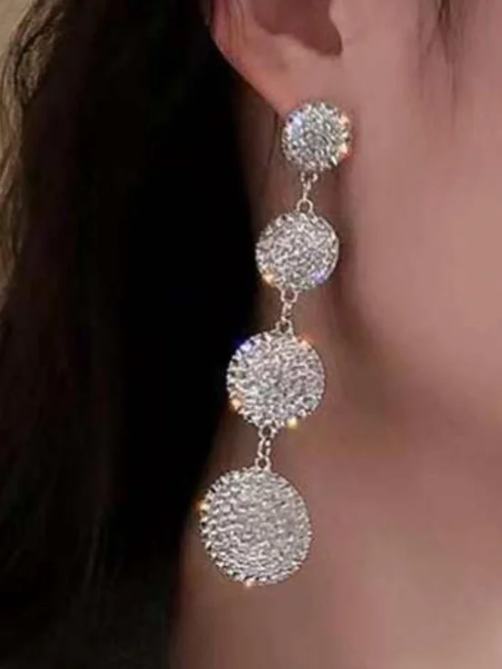 Crystal Rhinestone Long Dangle Earrings - Silver